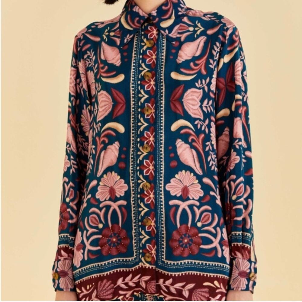 Farm Rio Teal Seashell Tapestry Button Down Shirt Size Small